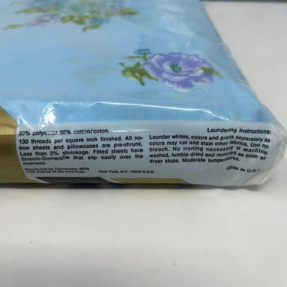 Tastemaker Full Fitted Bed Sheets Sheraton Blue Floral No Iron Muslin Set of Two